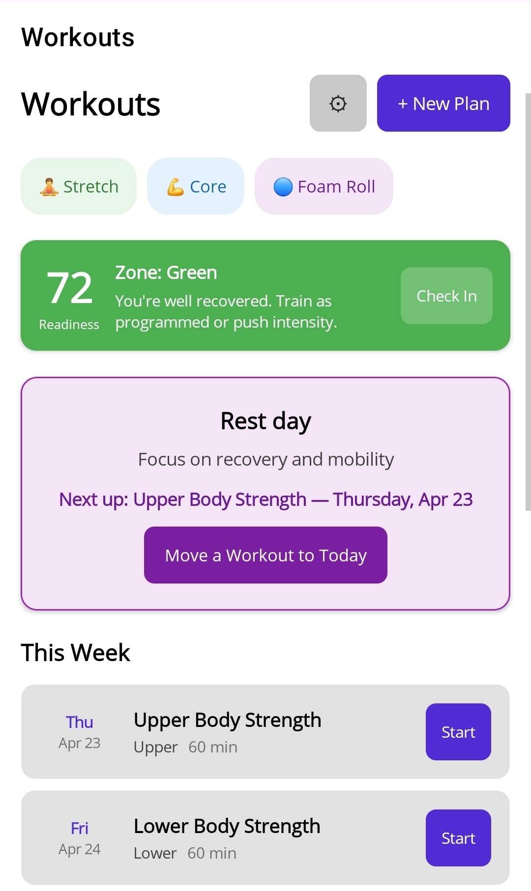 AI Health Coach Workouts - Recovery readiness score with workout schedule adjusted based on recovery zone